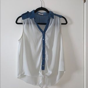 Sleeveless Sheer Blouse with Denim Detailing